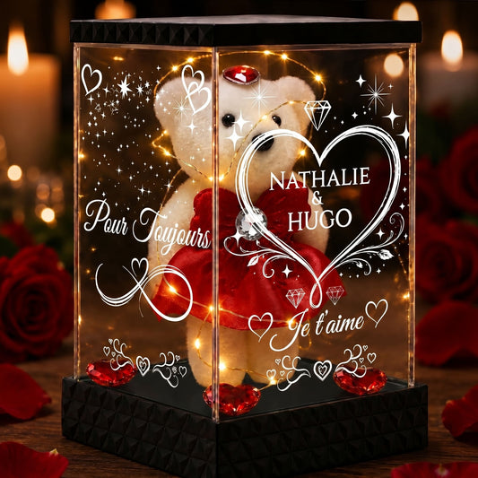 Ourson Lumineux Personnalisé sous Lanterne – 4 Faces Gravées, Cadeau Amour Saint-Valentin & Couple