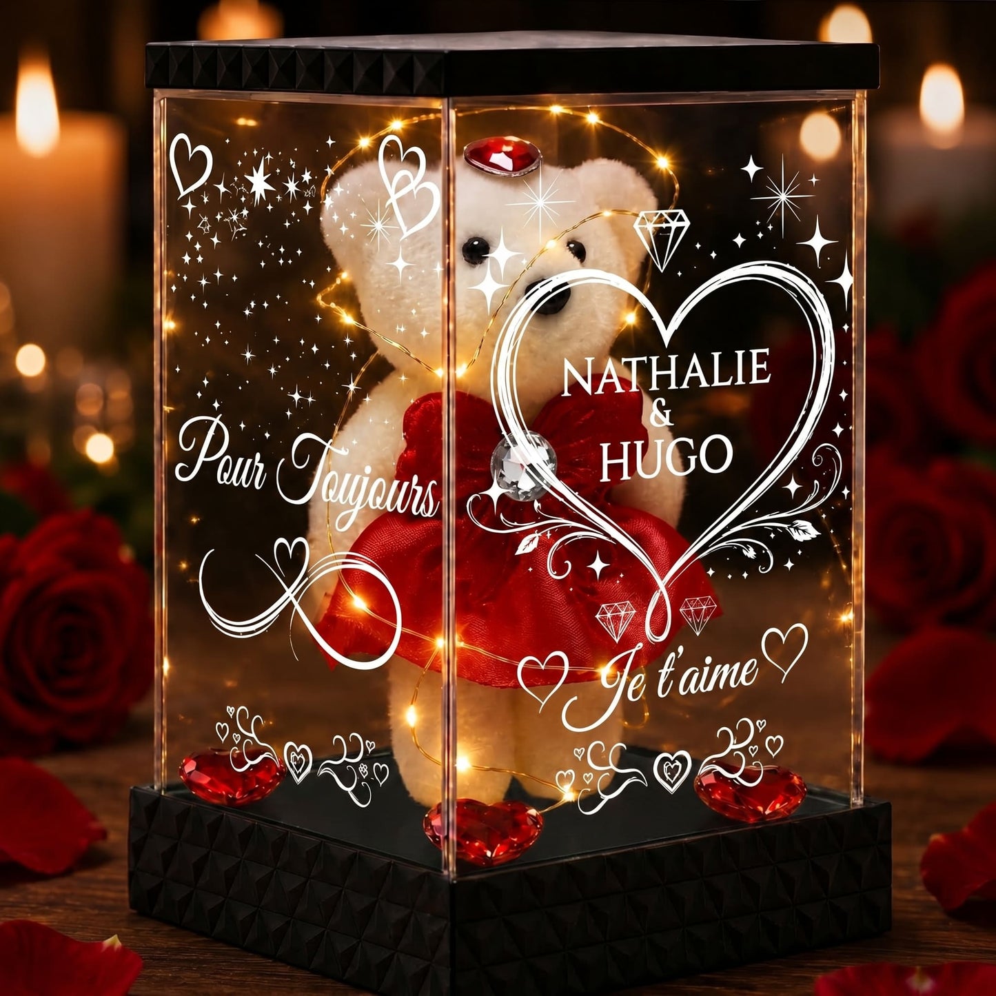 Ourson Lumineux Personnalisé sous Lanterne – 4 Faces Gravées, Cadeau Amour Saint-Valentin & Couple