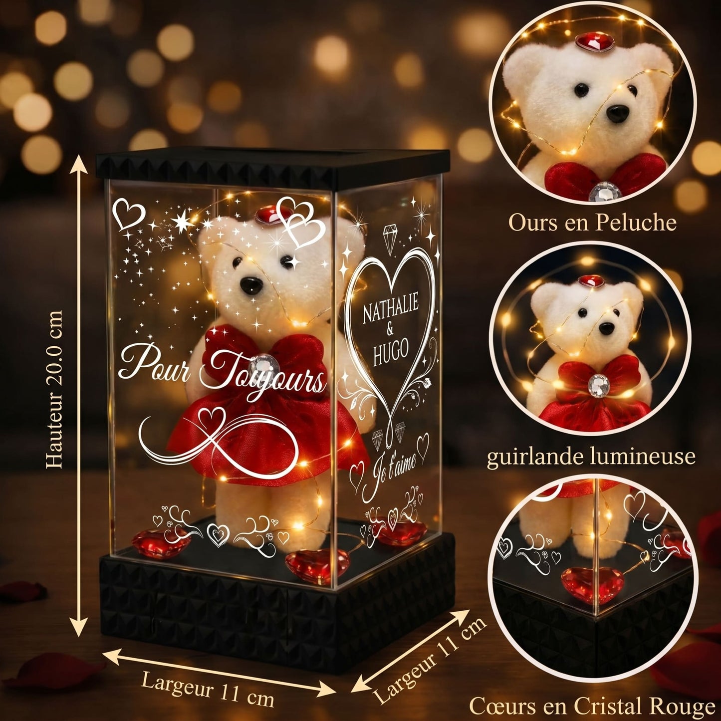 Ourson Lumineux Personnalisé sous Lanterne – 4 Faces Gravées, Cadeau Amour Saint-Valentin & Couple