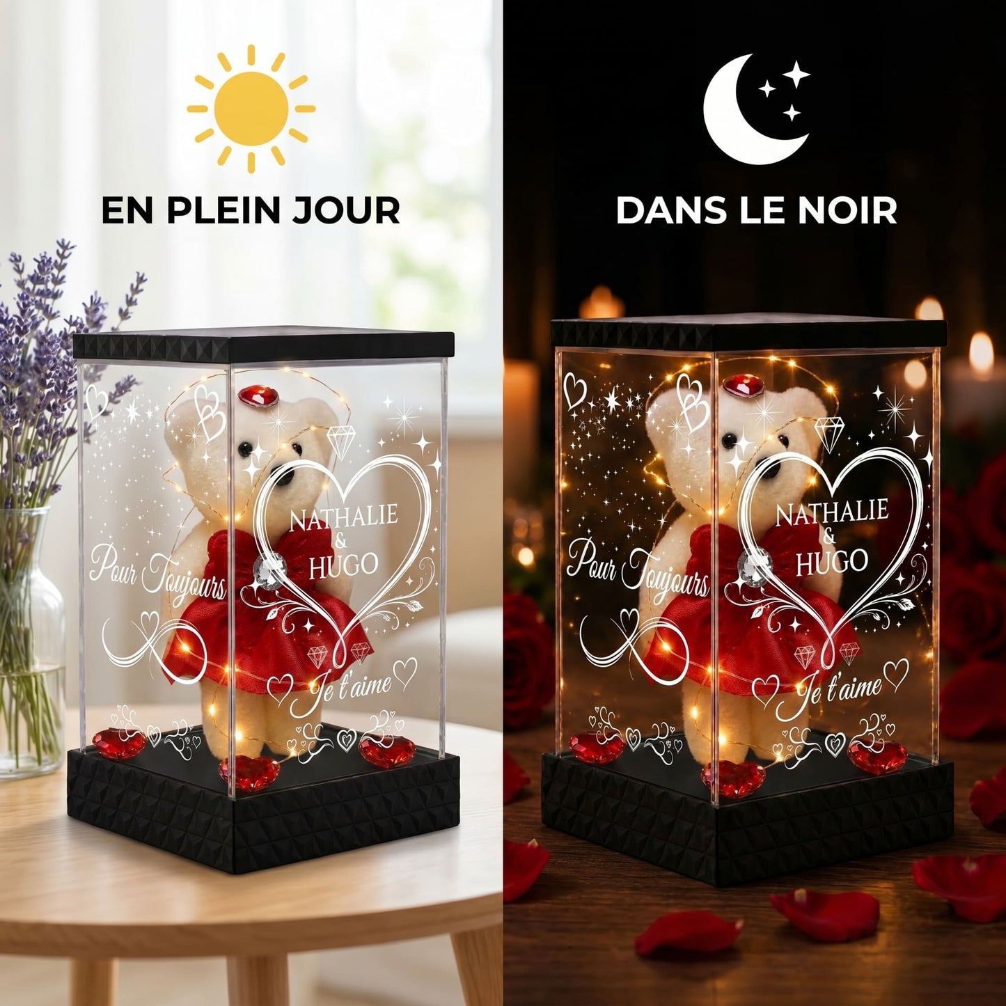 Ourson Lumineux Personnalisé sous Lanterne – 4 Faces Gravées, Cadeau Amour Saint-Valentin & Couple