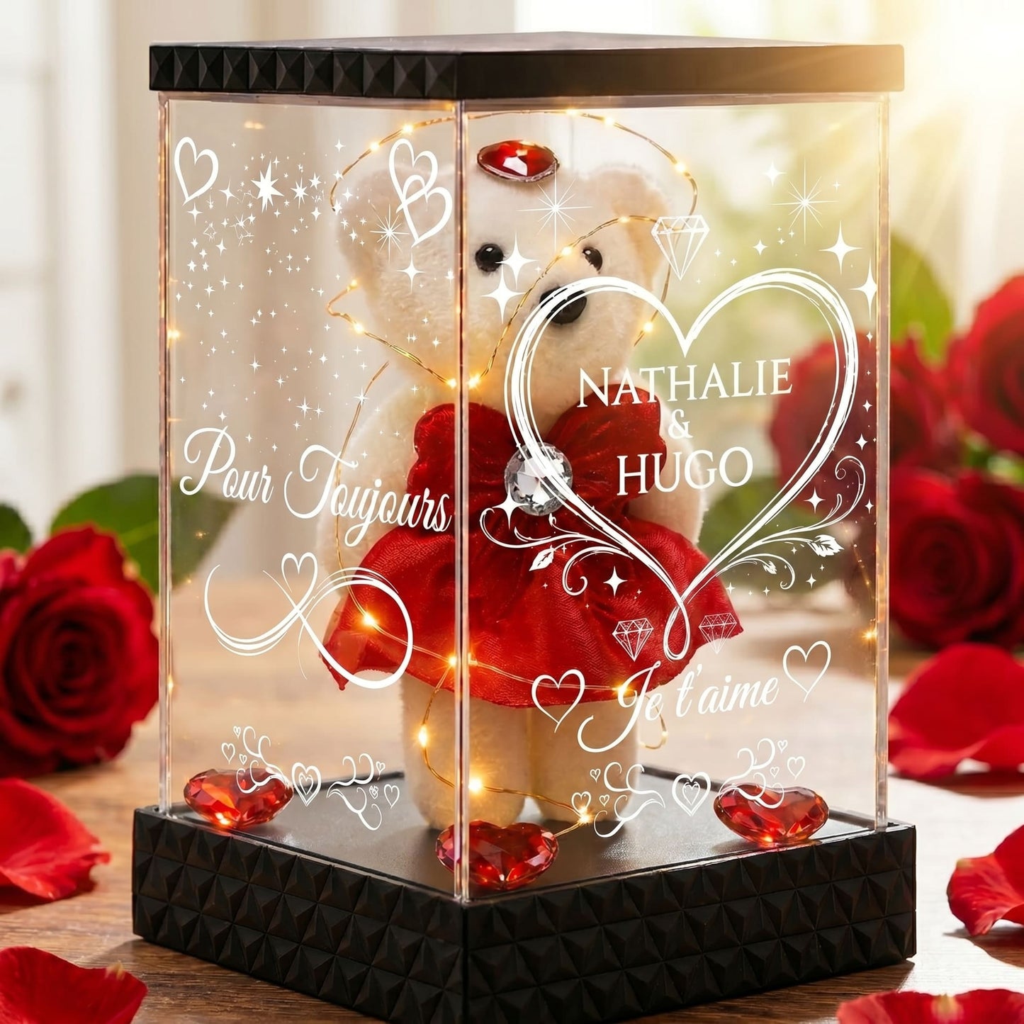 Ourson Lumineux Personnalisé sous Lanterne – 4 Faces Gravées, Cadeau Amour Saint-Valentin & Couple