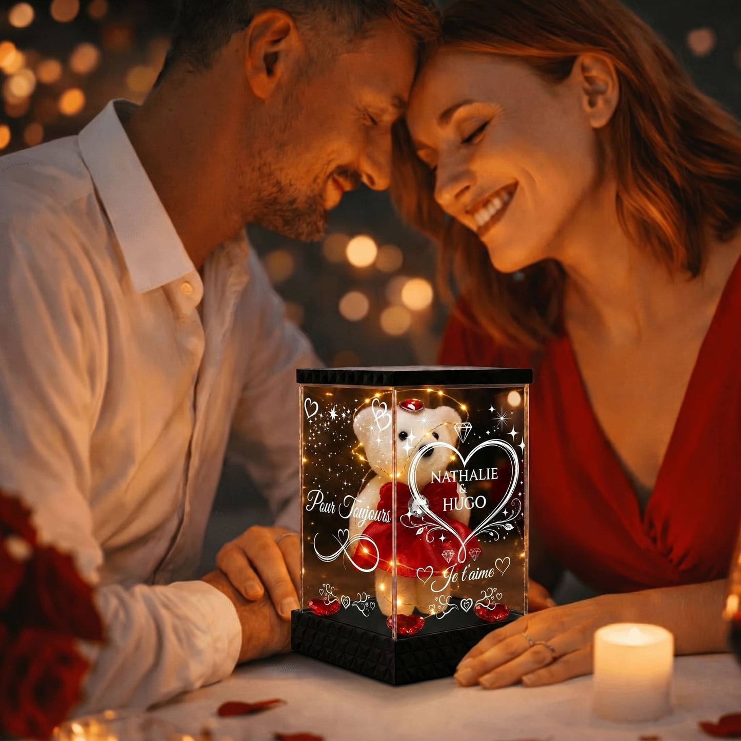 Ourson Lumineux Personnalisé sous Lanterne – 4 Faces Gravées, Cadeau Amour Saint-Valentin & Couple