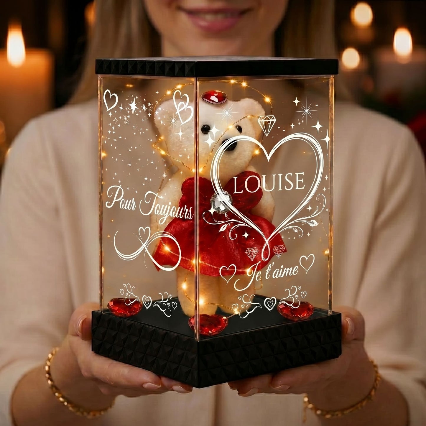 Ourson Lumineux Personnalisé sous Lanterne – 4 Faces Gravées, Cadeau Amour Saint-Valentin & Couple