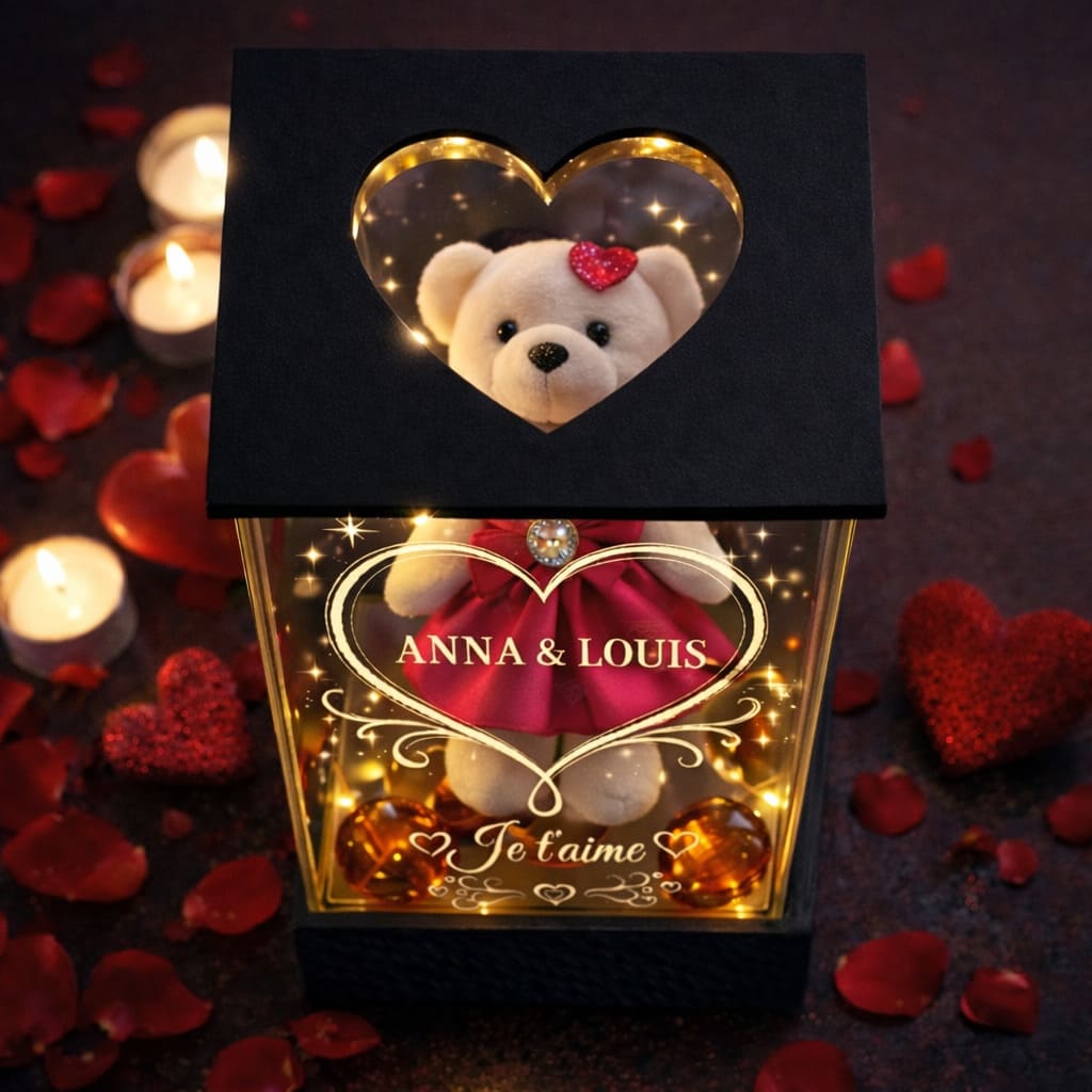 Ourson Lumineux Personnalisé sous Lanterne – 4 Faces Gravées, Cadeau Amour Saint-Valentin & Couple