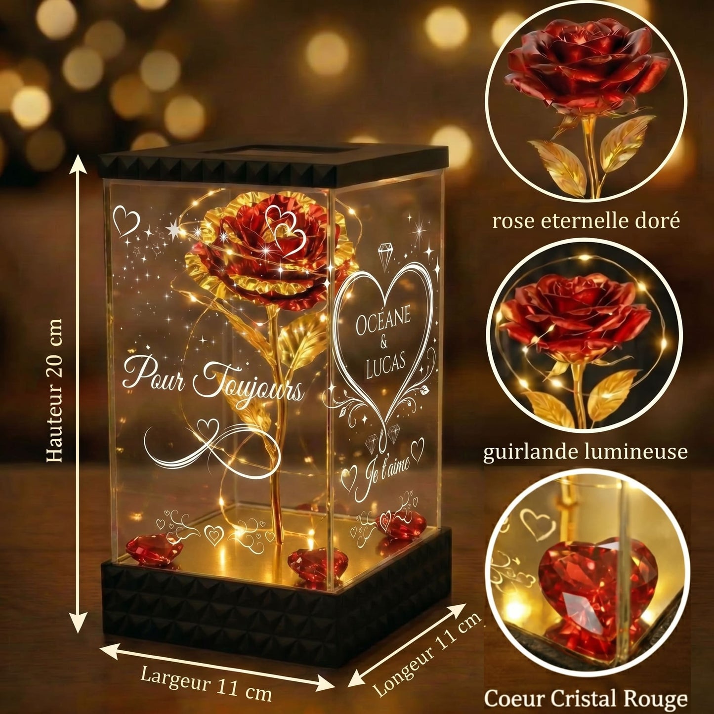 Rose Éternelle Lumineuse Personnalisée sous Lanterne – 4 Faces Gravées – Cadeau Couple & Saint-Valentin (Rouge doré)