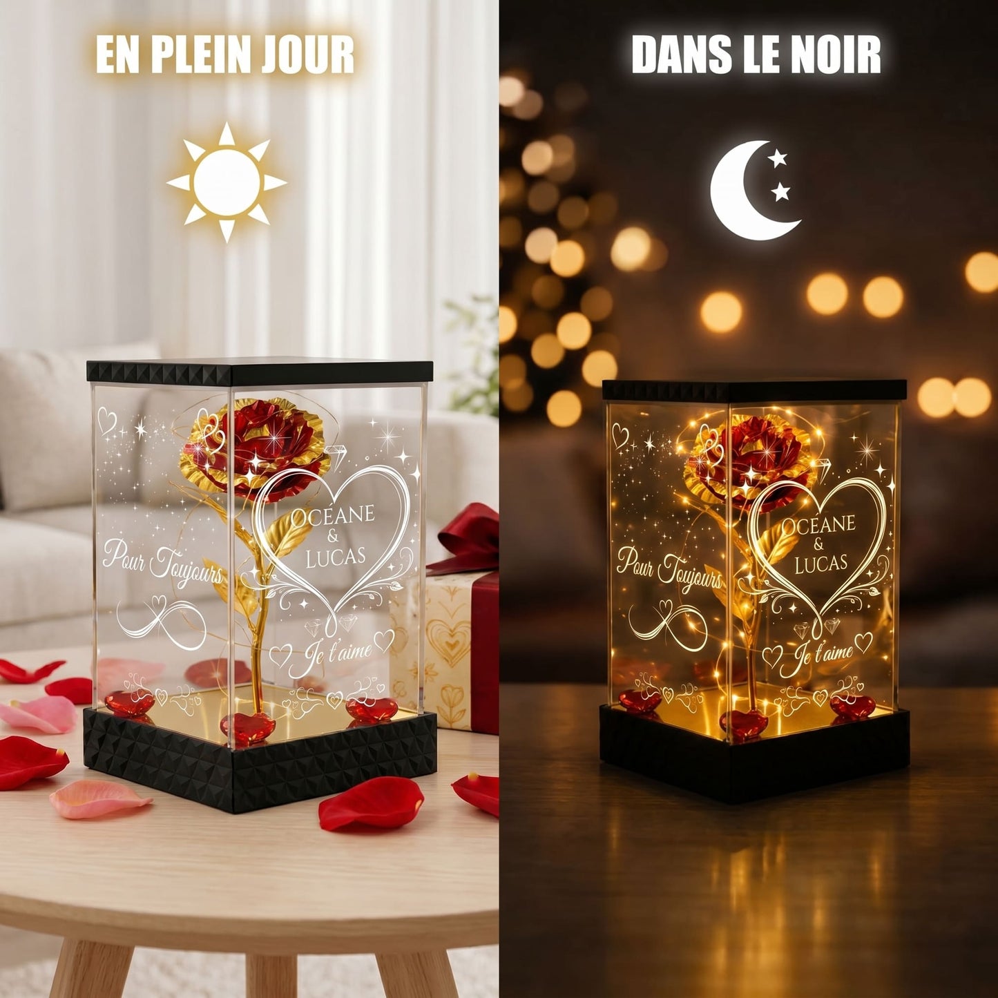 Rose Éternelle Lumineuse Personnalisée sous Lanterne – 4 Faces Gravées – Cadeau Couple & Saint-Valentin (Rouge doré)