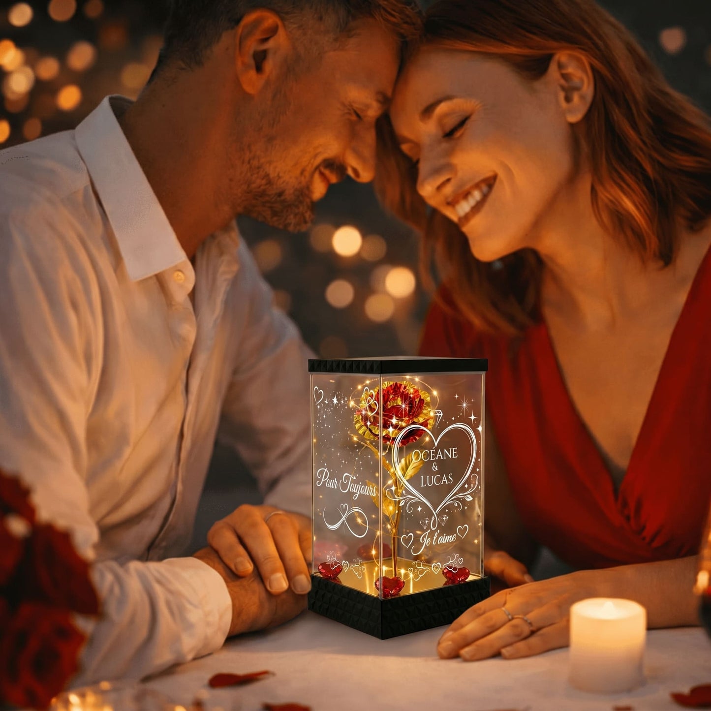 Rose Éternelle Lumineuse Personnalisée sous Lanterne – 4 Faces Gravées – Cadeau Couple & Saint-Valentin (Rouge doré)