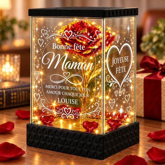 Rose dorée lumineuse personnalisée pour maman avec gravure Bonne fête Maman et prénom Louise