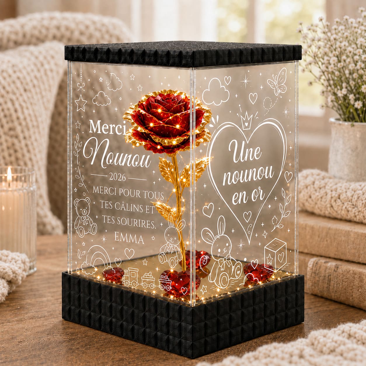 Merci Nounou – Rose Dorée Lumineuse Personnalisée