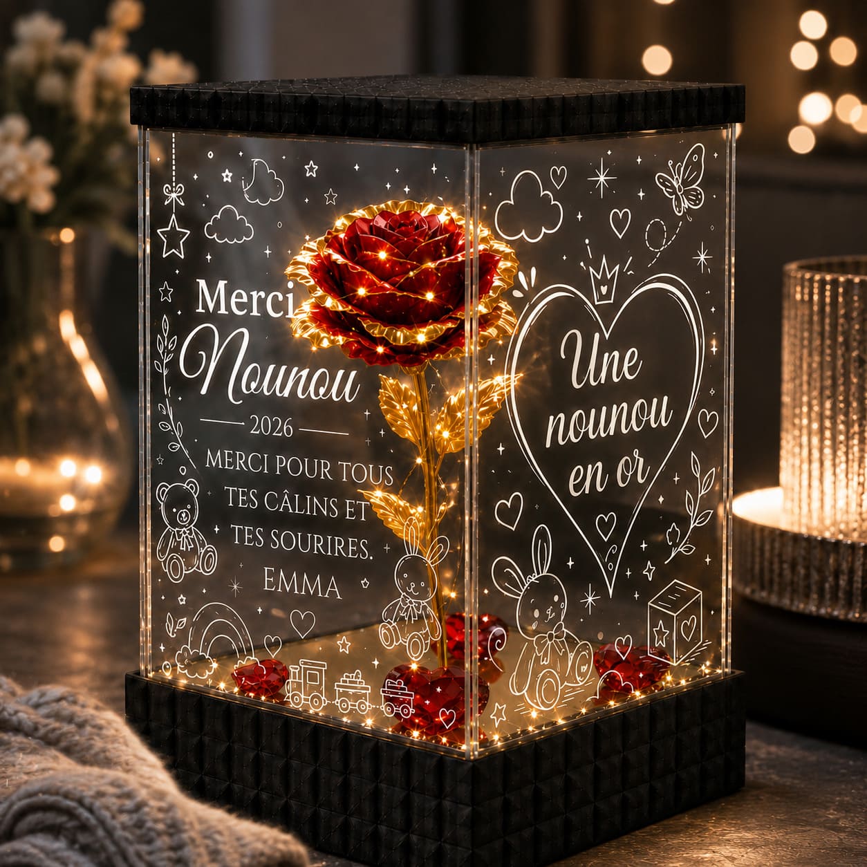 Merci Nounou – Rose Dorée Lumineuse Personnalisée