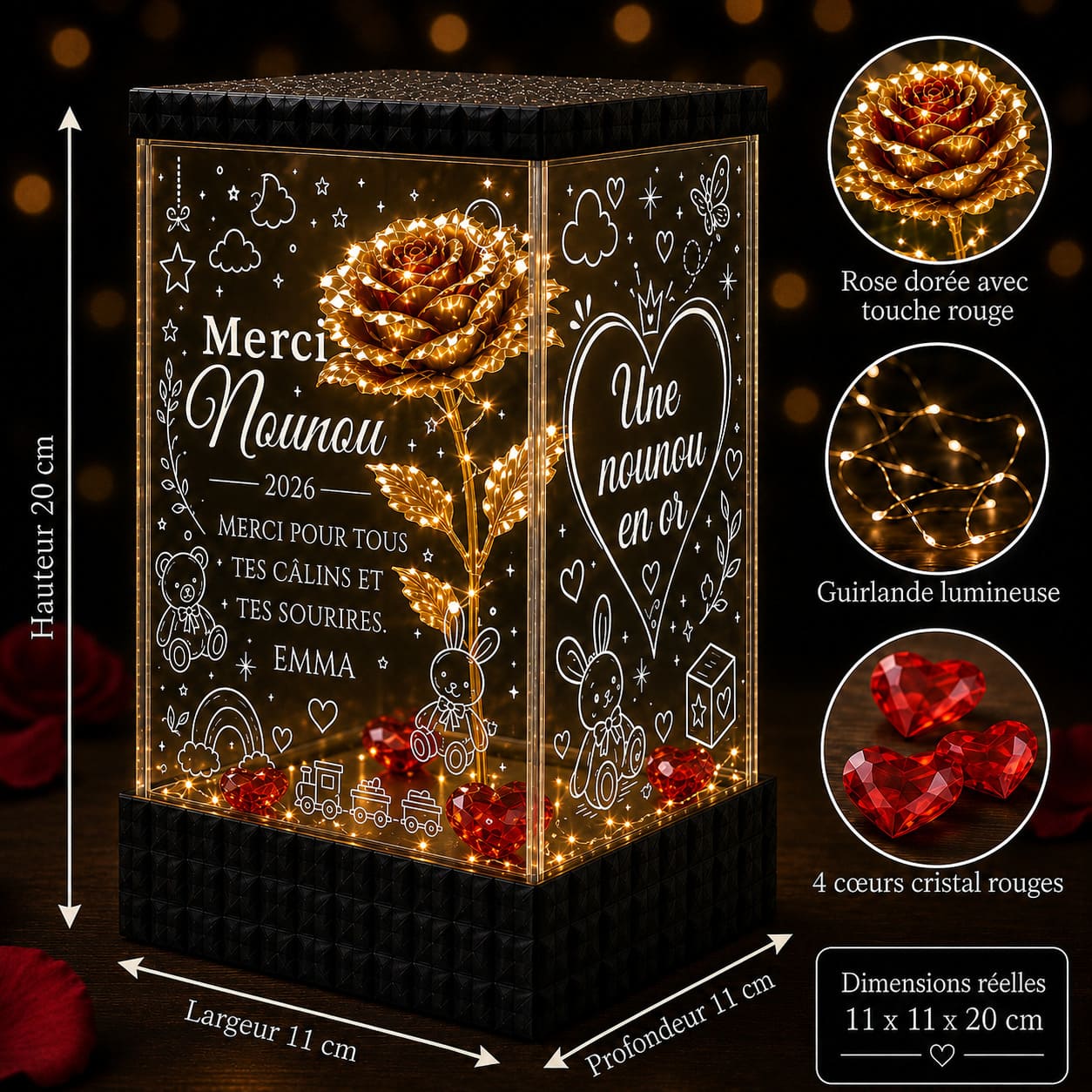 Merci Nounou – Rose Dorée Lumineuse Personnalisée