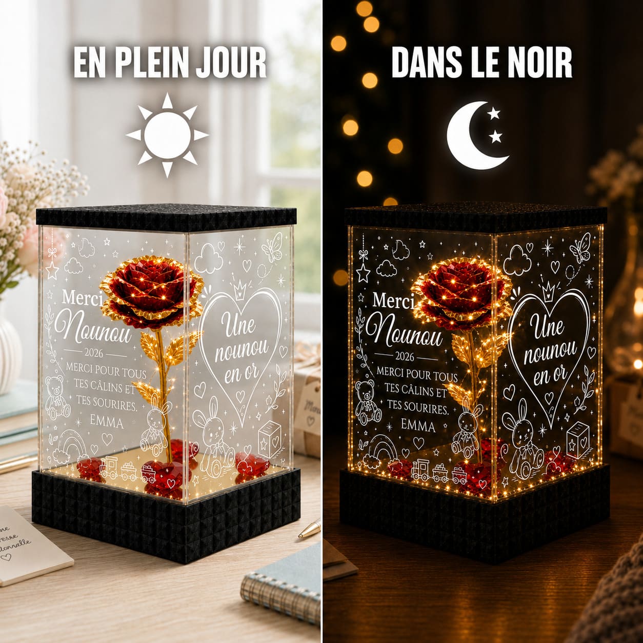 Merci Nounou – Rose Dorée Lumineuse Personnalisée