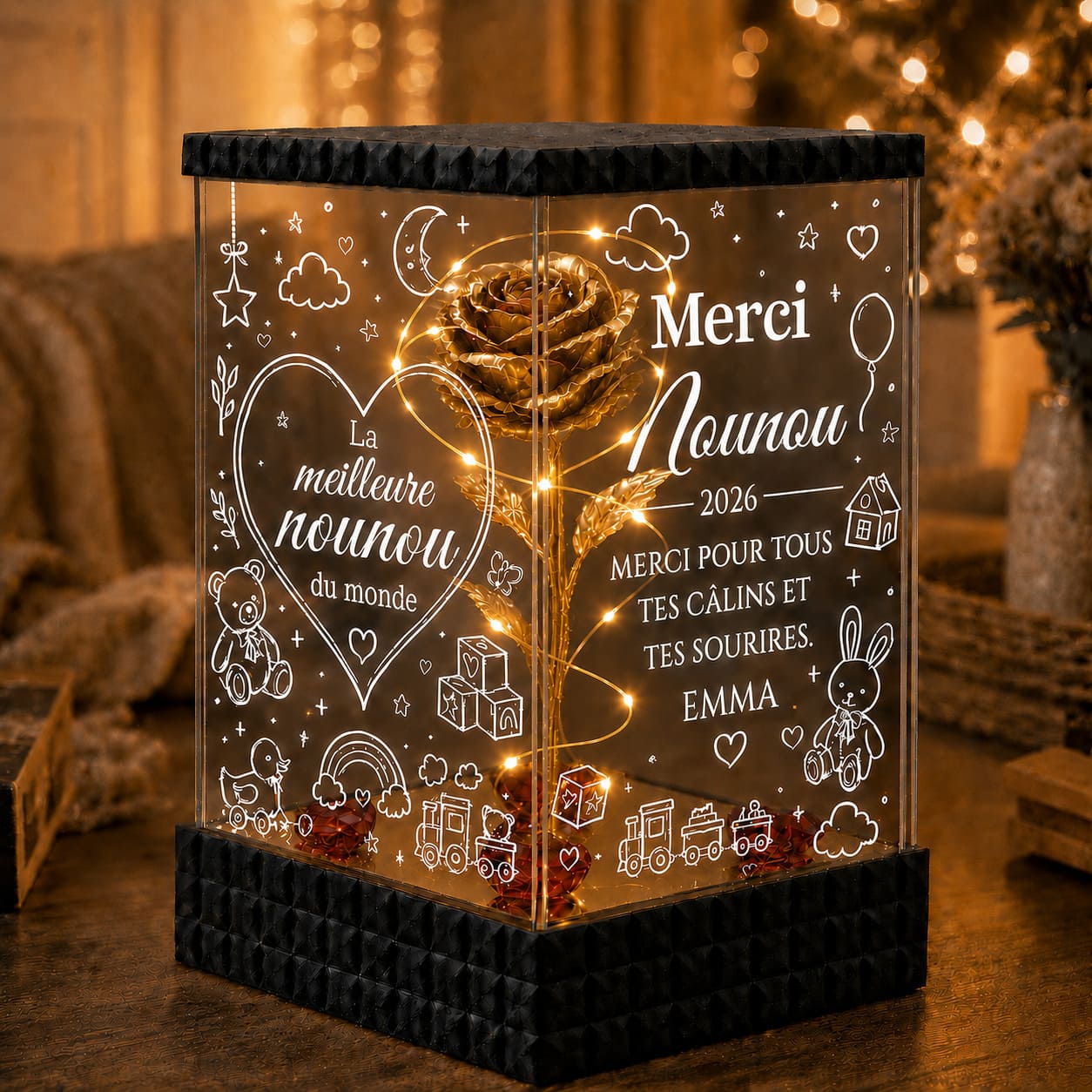 Merci Nounou – Rose Dorée Lumineuse Personnalisée