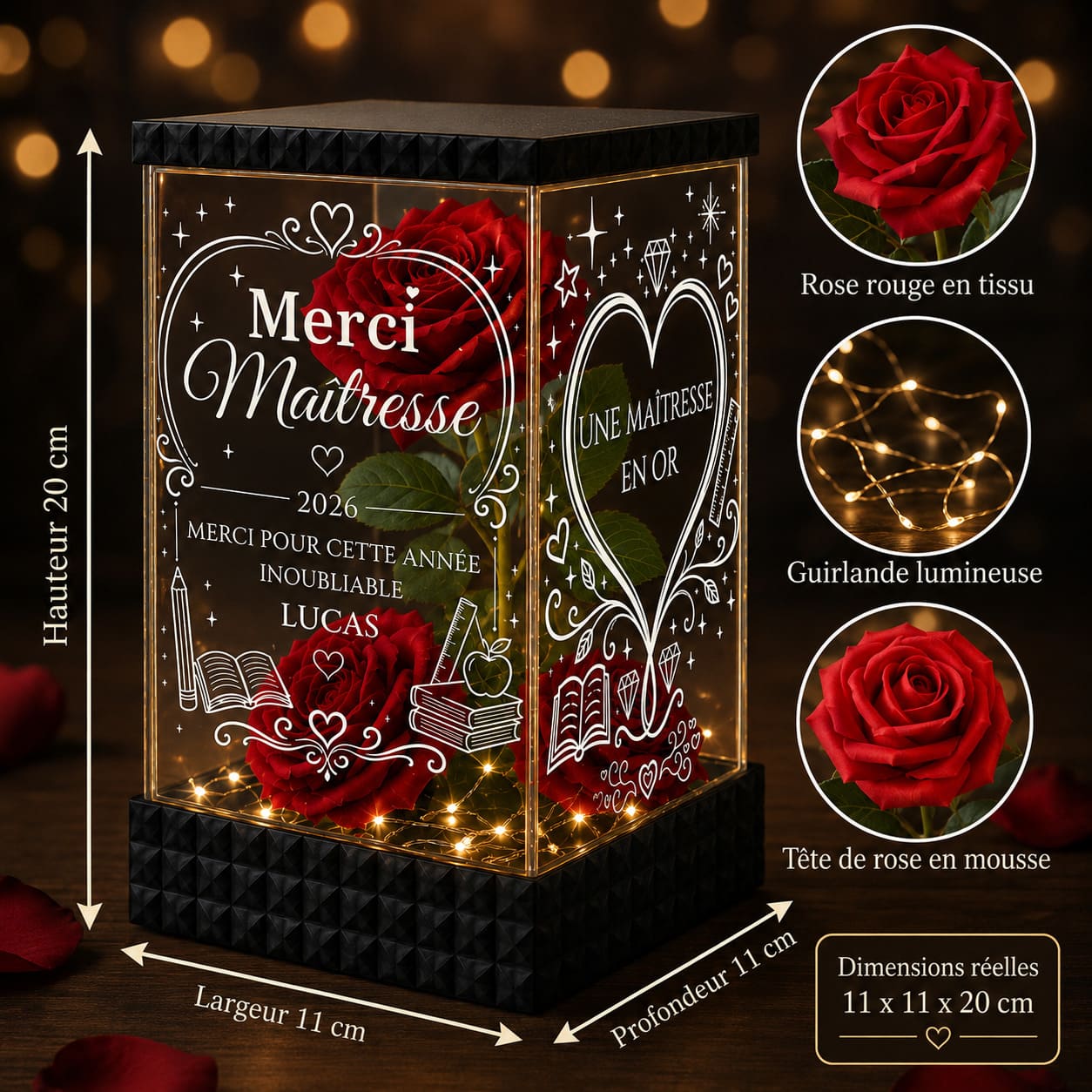 Merci Maîtresse – Rose Rouge Lumineuse Personnalisée Fin d’Année