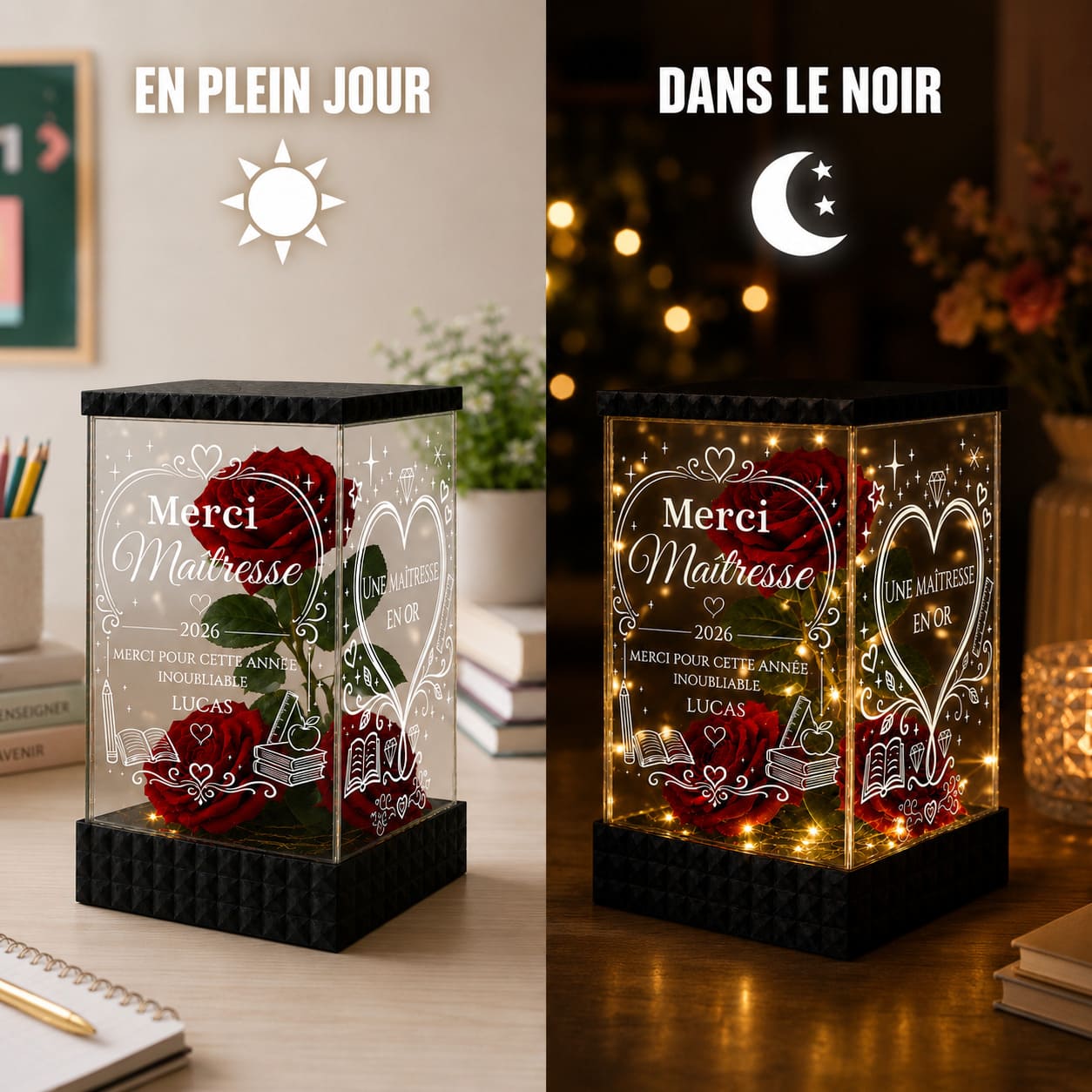 Merci Maîtresse – Rose Rouge Lumineuse Personnalisée Fin d’Année