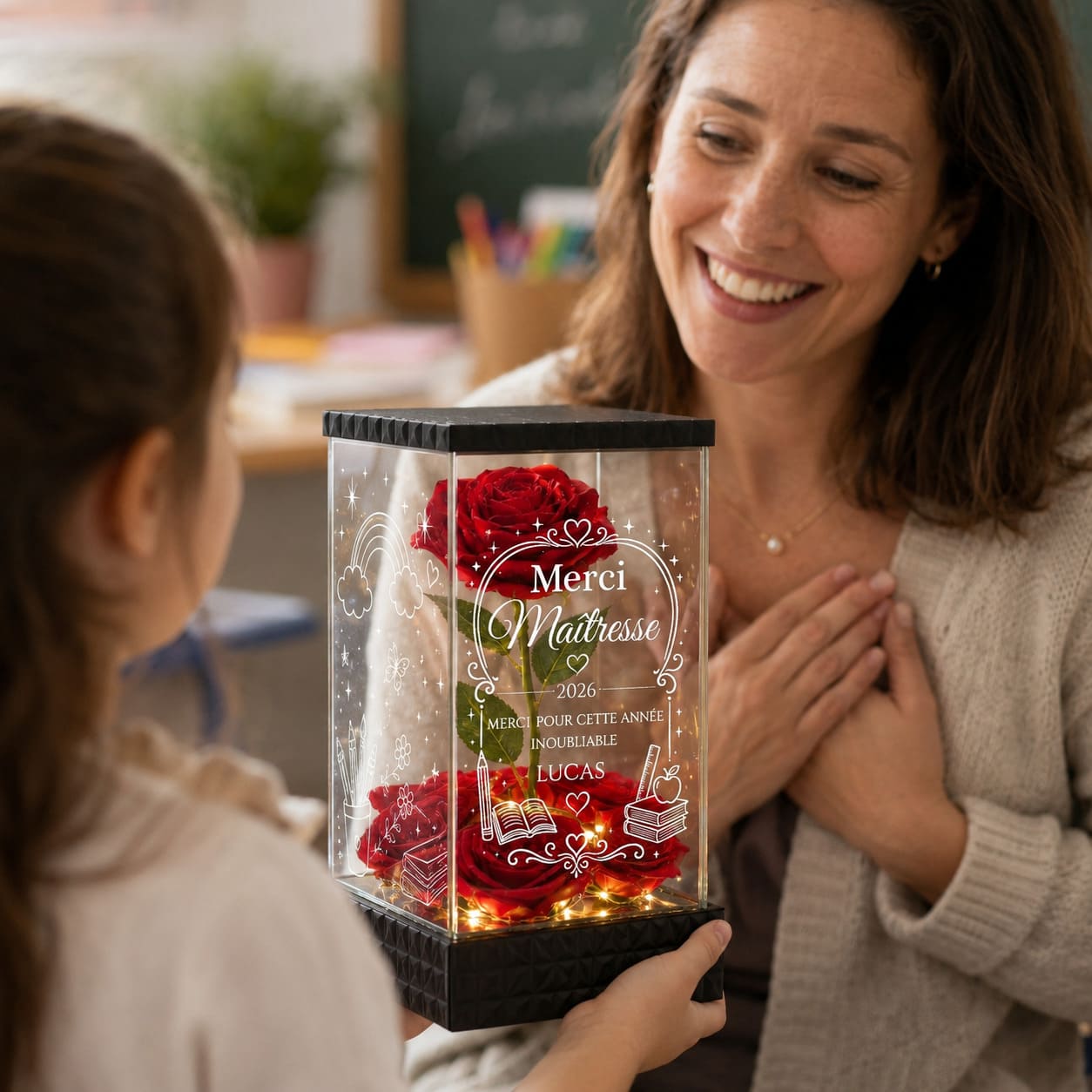 Merci Maîtresse – Rose Rouge Lumineuse Personnalisée Fin d’Année