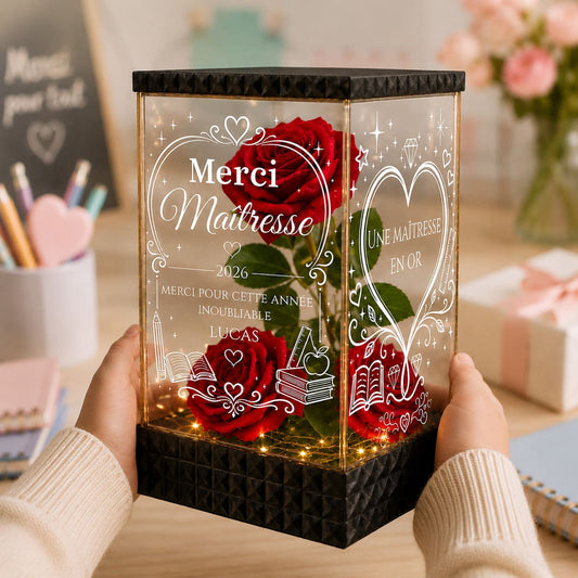 Merci Maîtresse – Rose Rouge Lumineuse Personnalisée Fin d’Année
