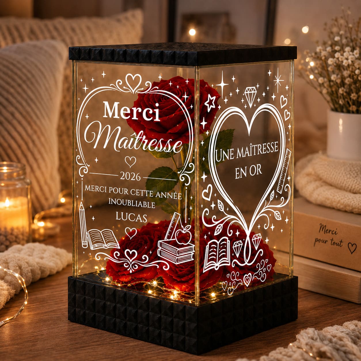 Merci Maîtresse – Rose Rouge Lumineuse Personnalisée Fin d’Année