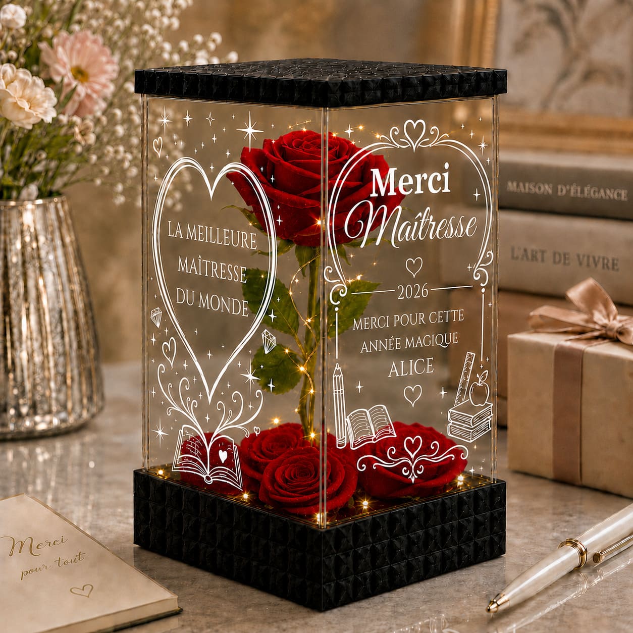 Merci Maîtresse – Rose Rouge Lumineuse Personnalisée Fin d’Année