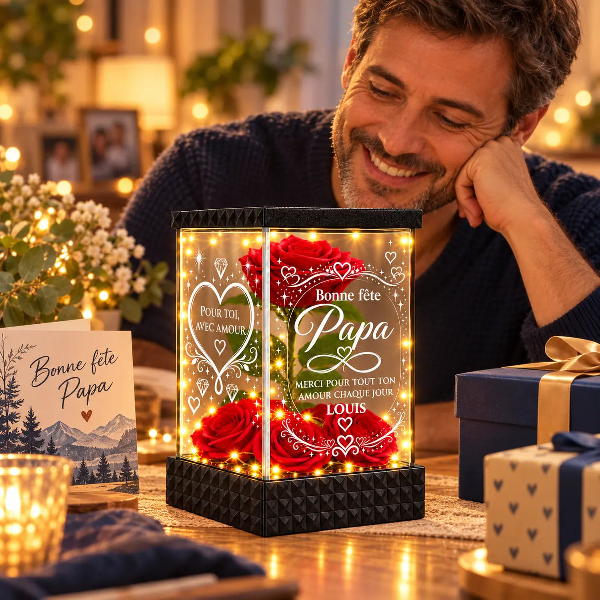 Cadeau de Fête des Pères, papa découvrant sa lanterne rose rouge personnalisée