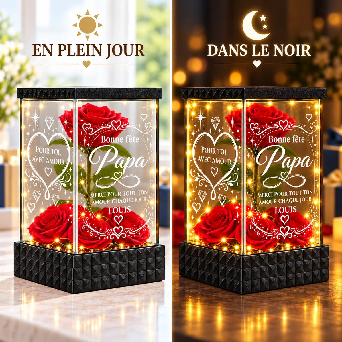 Rose lumineuse Bonne fête Papa comparée en plein jour et dans le noir