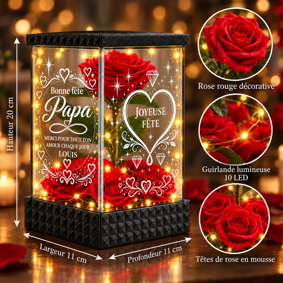 Dimensions de la rose lumineuse Papa, guirlande LED et têtes de roses en mousse