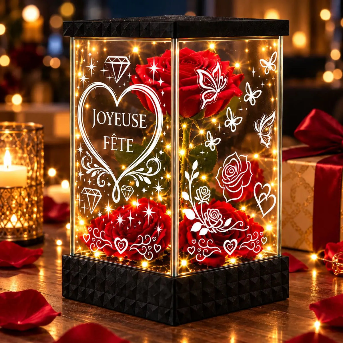Vitres décorées de papillons et roses sur la lanterne lumineuse personnalisée Papa