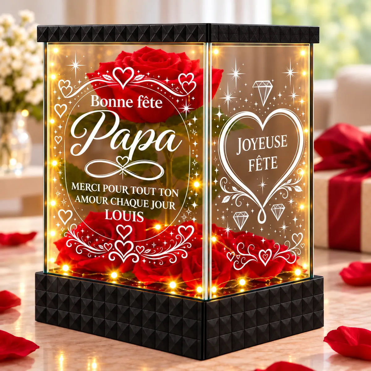 Rose rouge lumineuse personnalisée pour Papa, vue de face et vitre Joyeuse fête