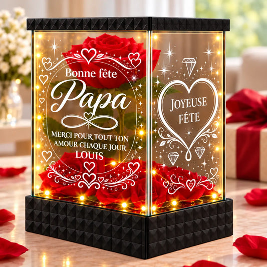 Rose rouge lumineuse personnalisée pour Papa, vue de face et vitre Joyeuse fête