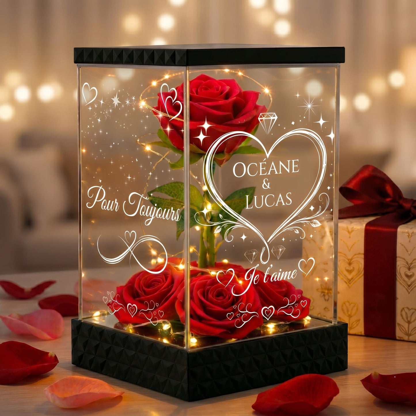 Rose Rouge Eternelle Lumineuse Personnalisée sous Lanterne – 4 Faces Gravées – Cadeau romantique Couple & Saint-Valentin