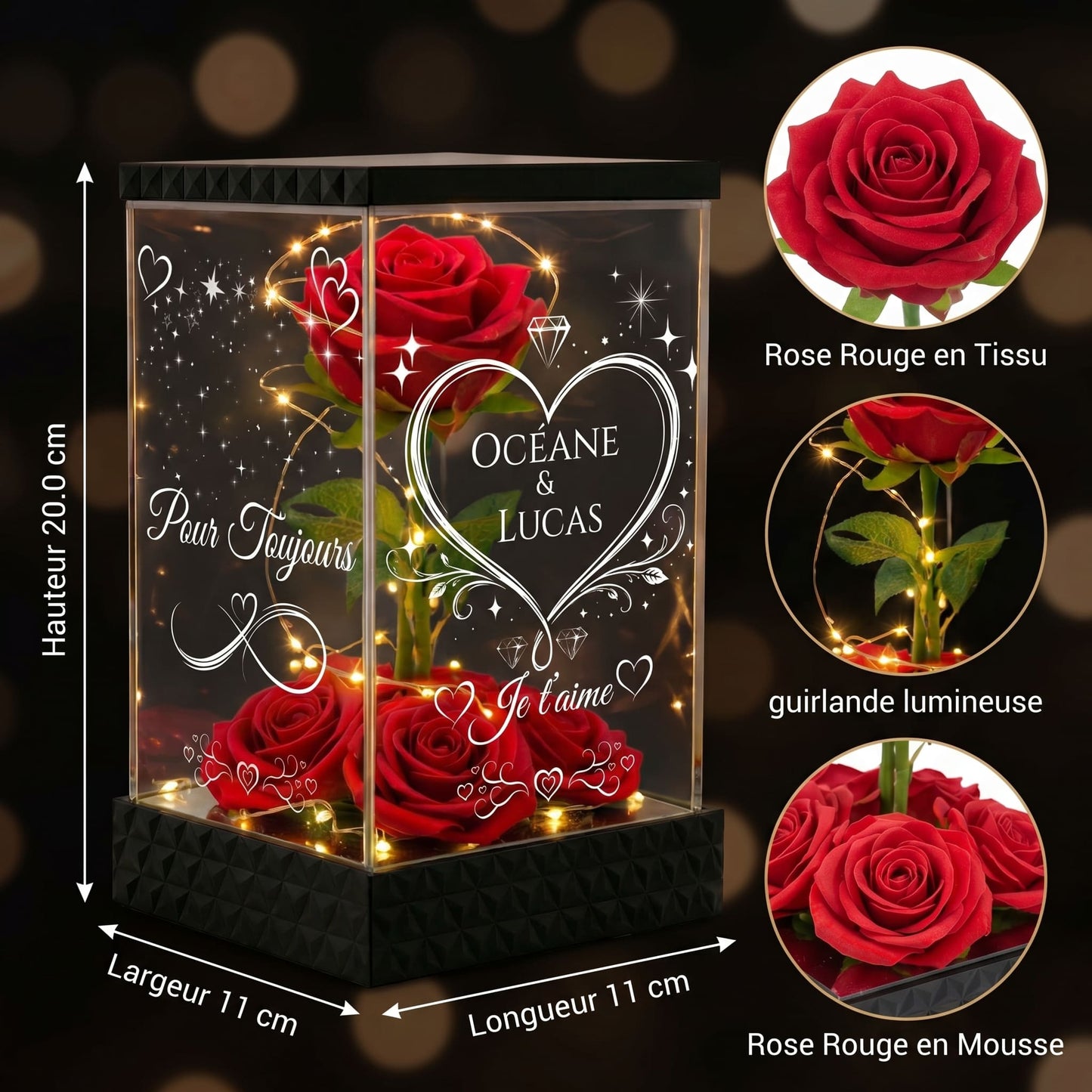 Rose Rouge Eternelle Lumineuse Personnalisée sous Lanterne – 4 Faces Gravées – Cadeau romantique Couple & Saint-Valentin