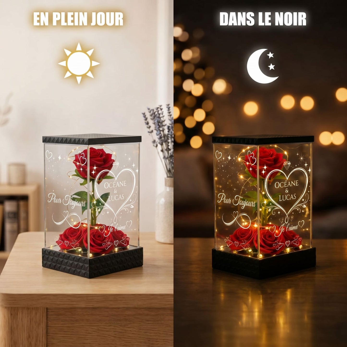 Rose Rouge Eternelle Lumineuse Personnalisée sous Lanterne – 4 Faces Gravées – Cadeau romantique Couple & Saint-Valentin