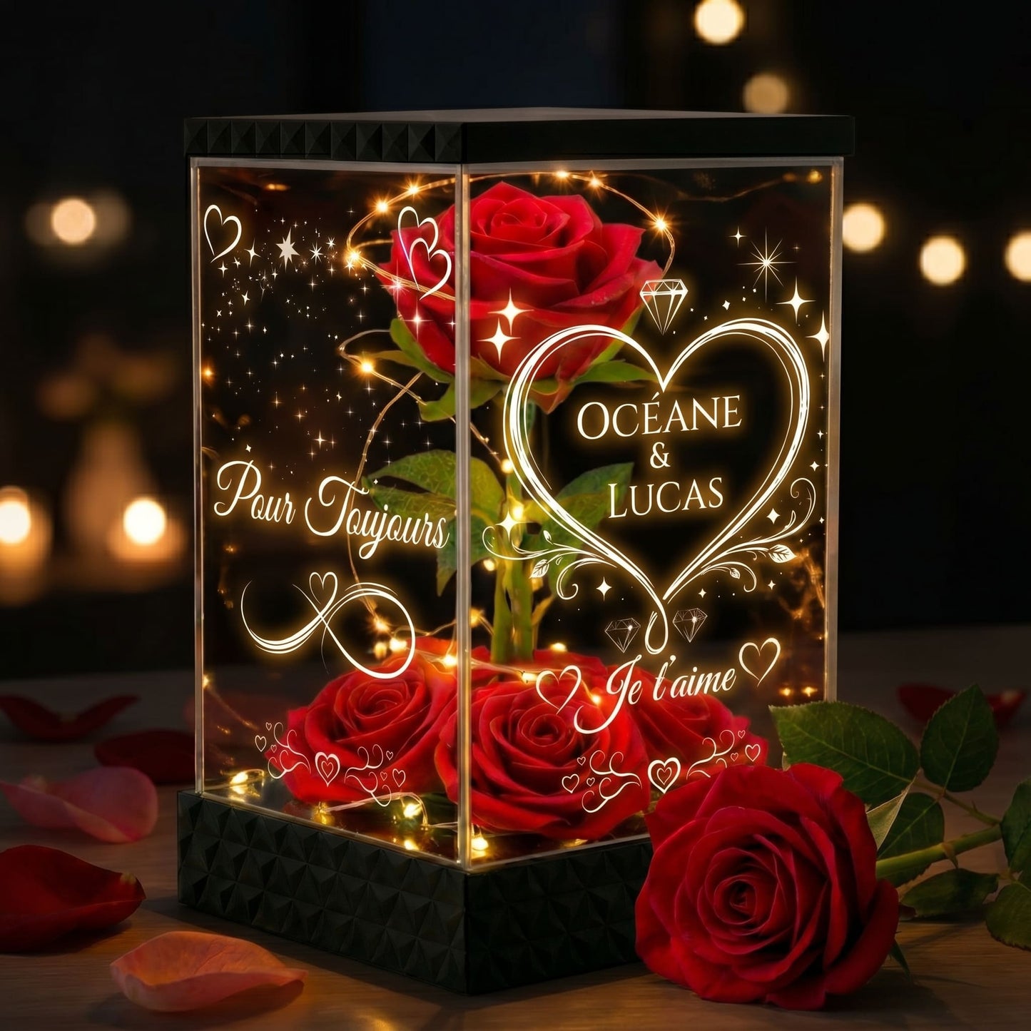 Rose Rouge Eternelle Lumineuse Personnalisée sous Lanterne – 4 Faces Gravées – Cadeau romantique Couple & Saint-Valentin