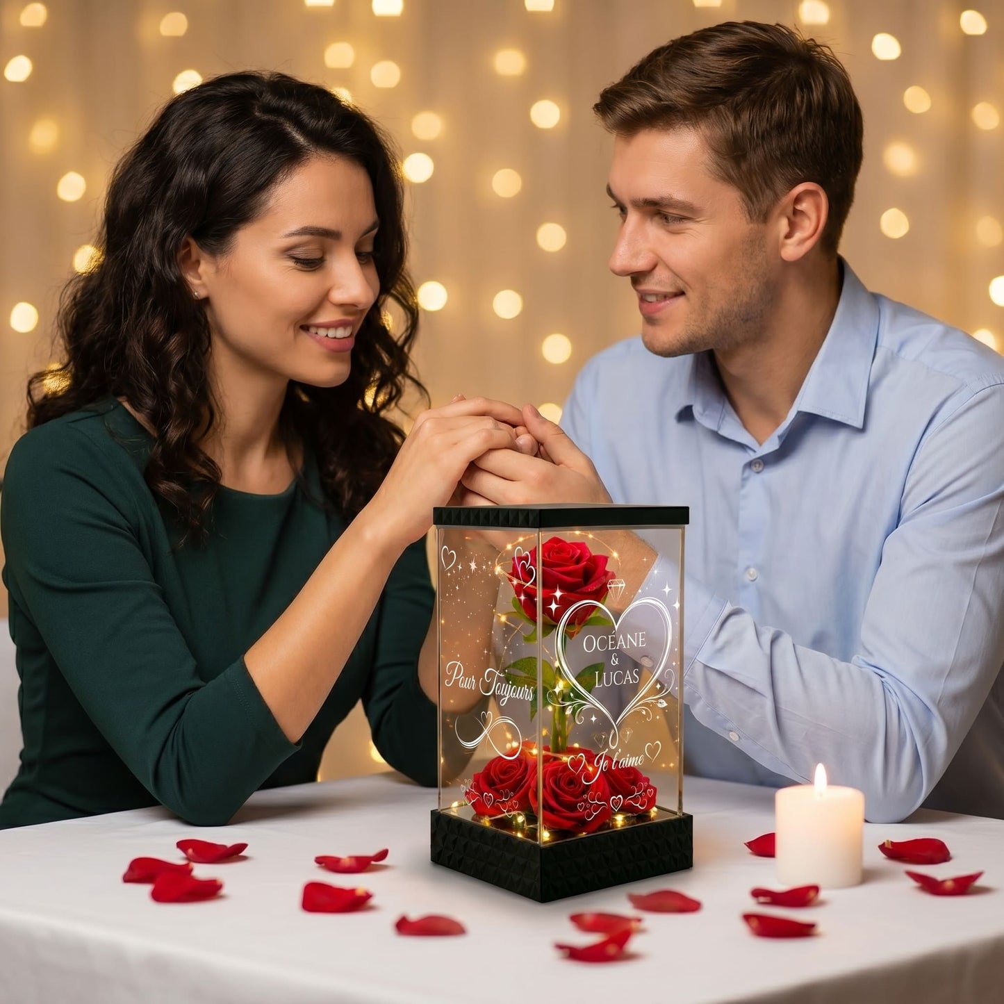 Rose Rouge Eternelle Lumineuse Personnalisée sous Lanterne – 4 Faces Gravées – Cadeau romantique Couple & Saint-Valentin