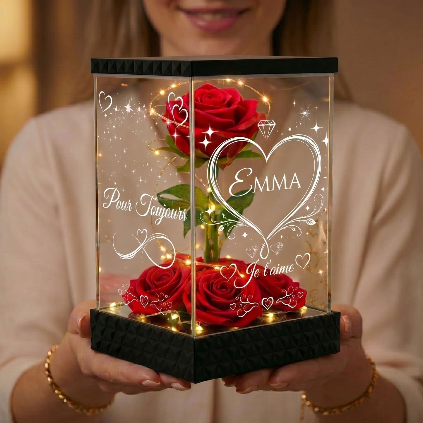 Rose Rouge Eternelle Lumineuse Personnalisée sous Lanterne – 4 Faces Gravées – Cadeau romantique Couple & Saint-Valentin