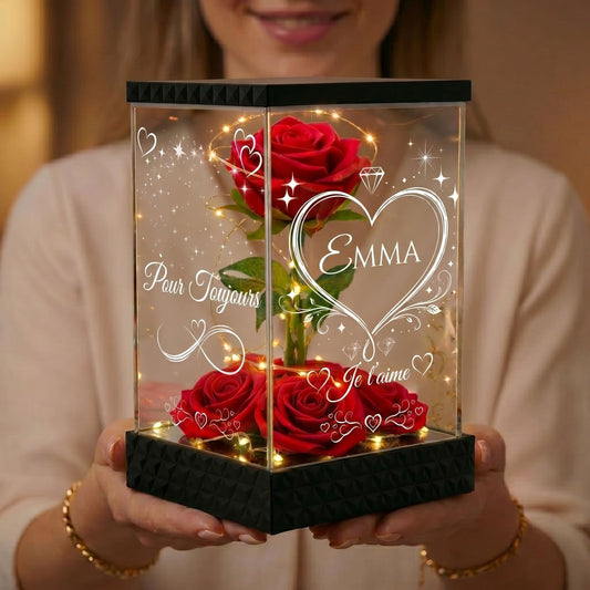 Rose Rouge Eternelle Lumineuse Personnalisée sous Lanterne – 4 Faces Gravées – Cadeau romantique Couple & Saint-Valentin