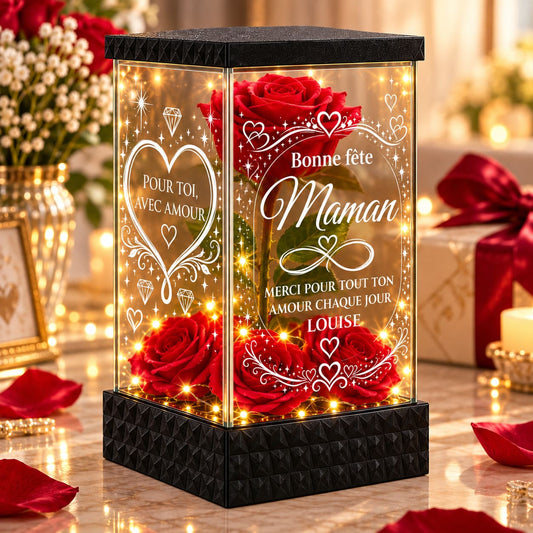 Rose rouge lumineuse personnalisée pour maman avec gravure Bonne fête Maman et prénom Louise