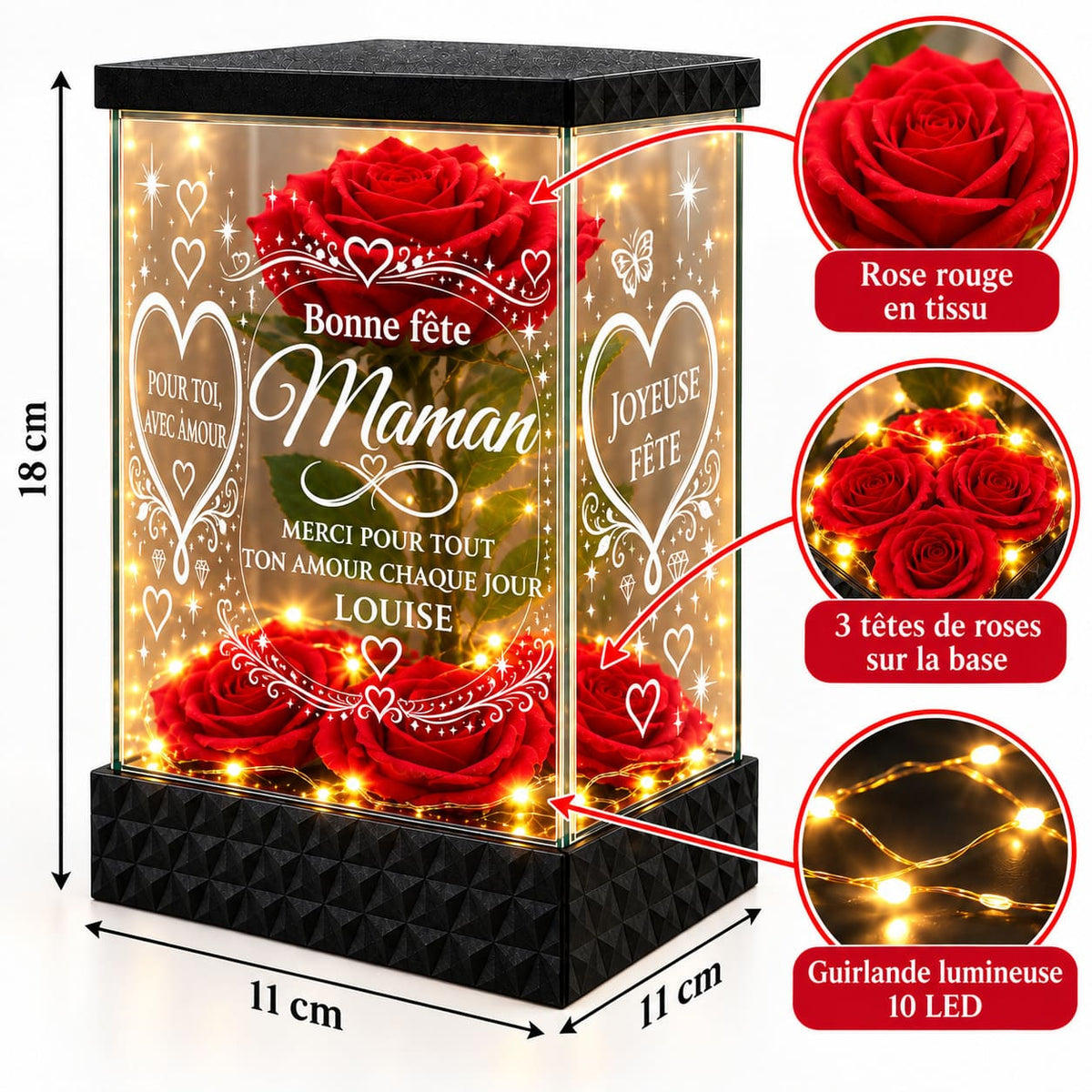 Dimensions 11 x 11 x 18 cm de la rose rouge lumineuse pour maman avec guirlande 10 LED et 3 roses sur la base