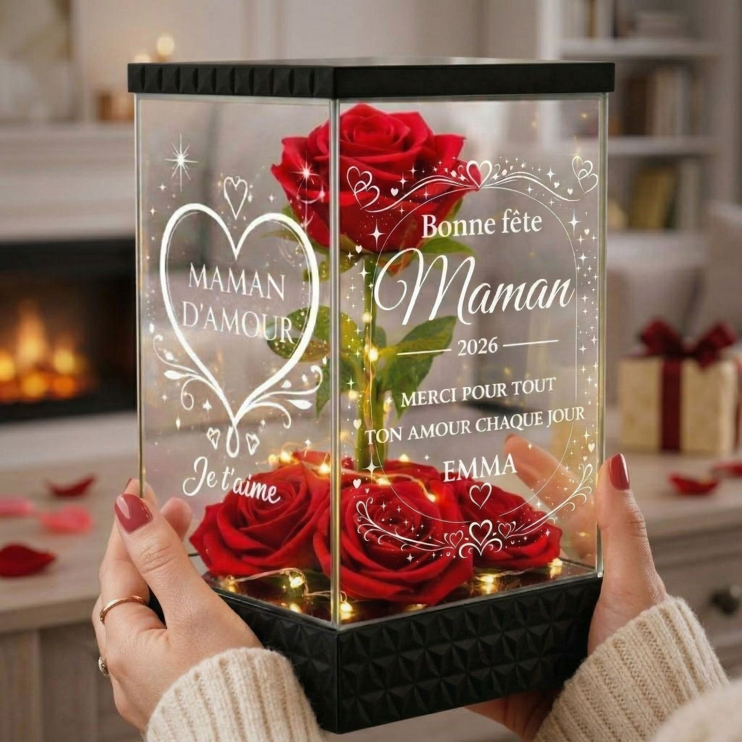 Rose rouge lumineuse personnalisée pour maman- Fête des Mères