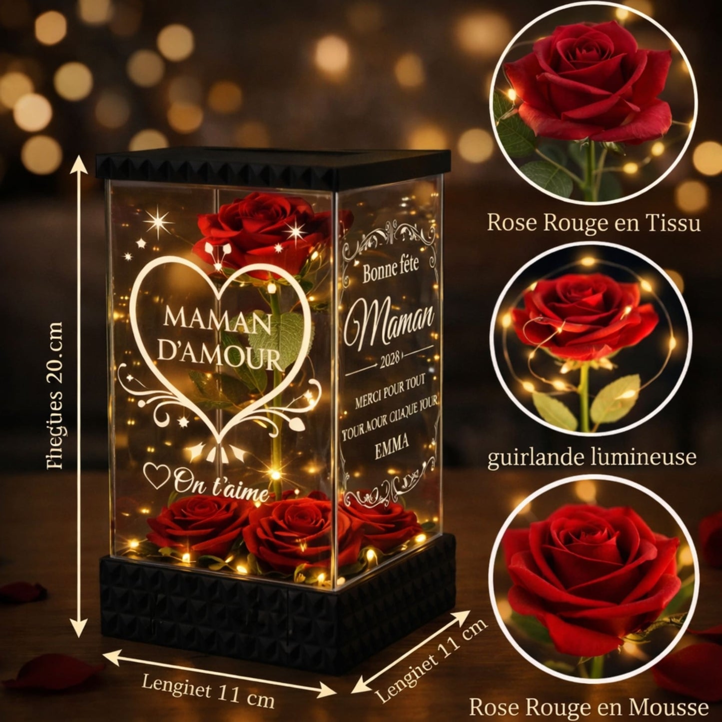 Rose rouge lumineuse personnalisée pour maman- Fête des Mères