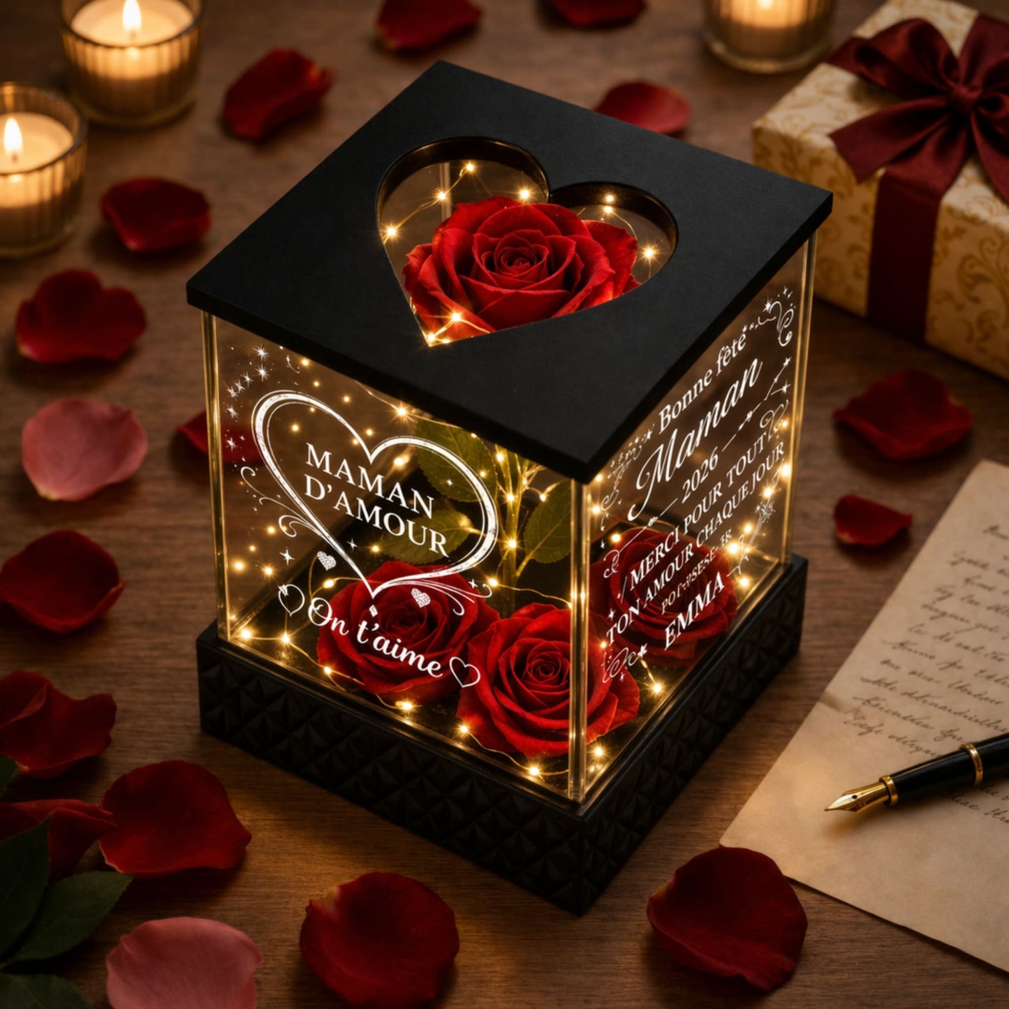 Rose rouge lumineuse personnalisée pour maman- Fête des Mères