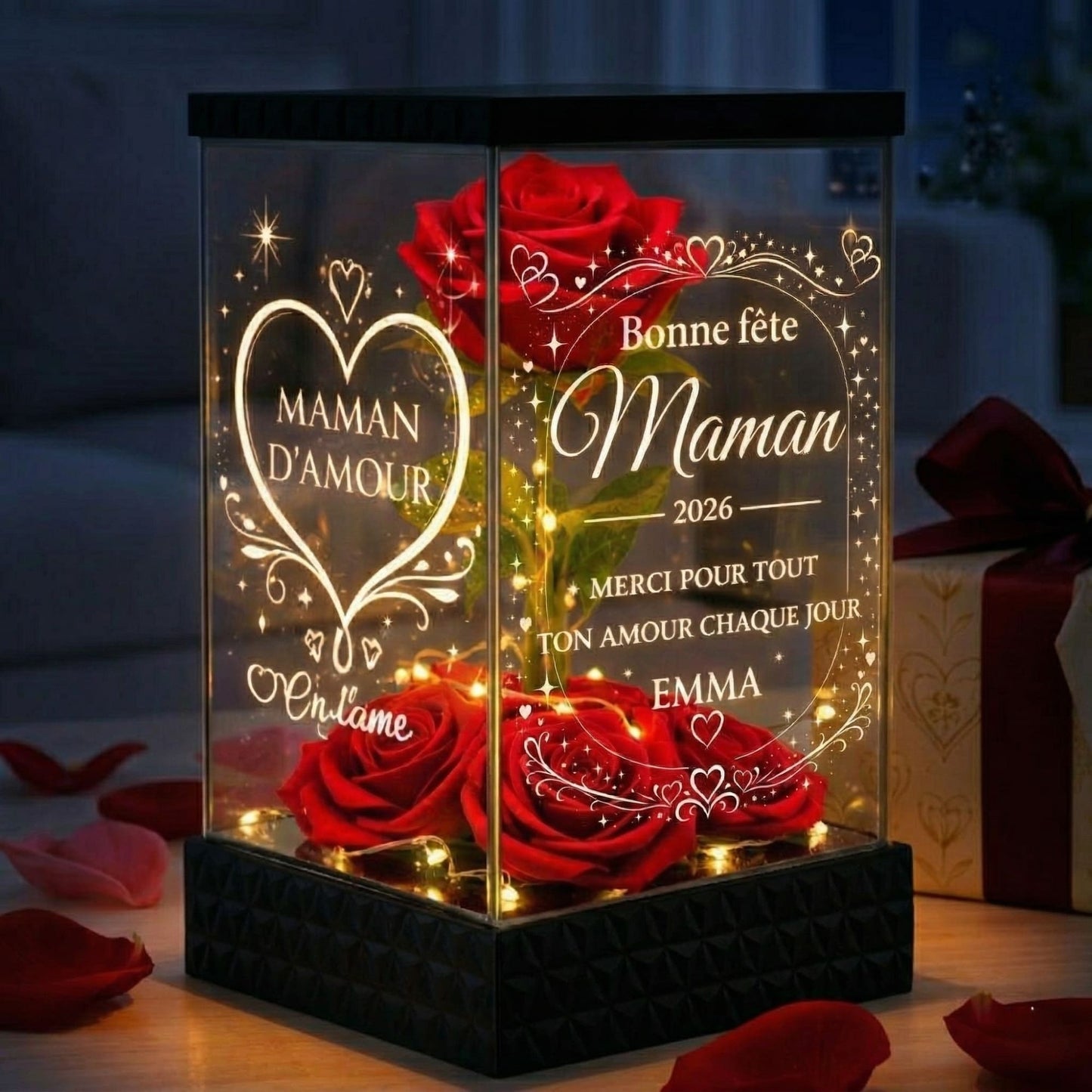 Rose rouge lumineuse personnalisée pour maman- Fête des Mères