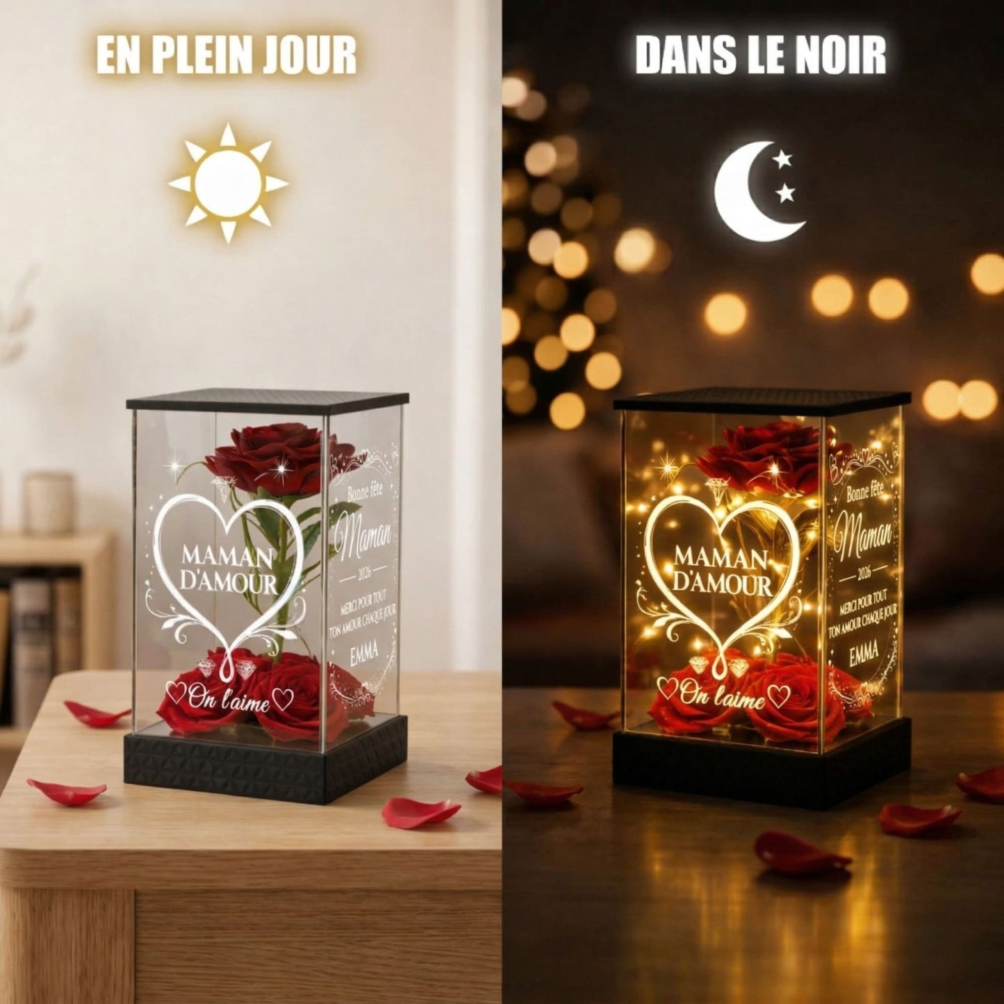 Rose rouge lumineuse personnalisée pour maman- Fête des Mères