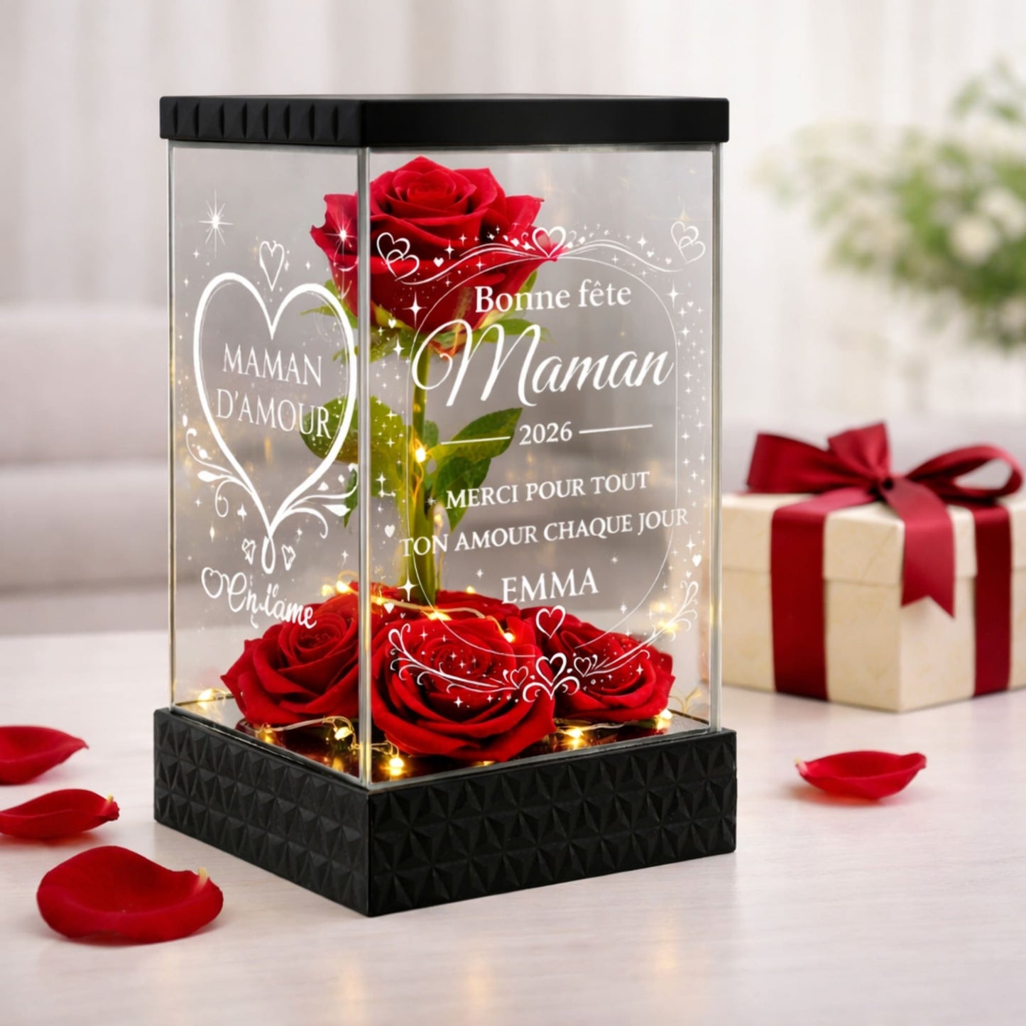 Rose rouge lumineuse personnalisée pour maman- Fête des Mères