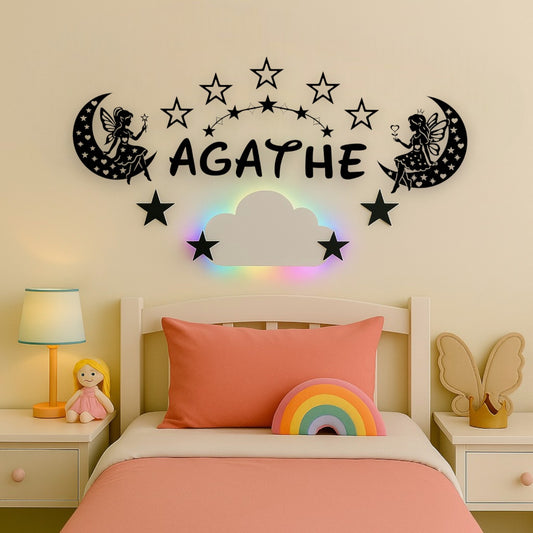 Déco murale féerique personnalisée pour chambre de fille- Fée sur lune